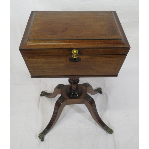 259 - Georgian inlaid mahogany teapoy with sarcophagus shaped lift-up lid, brass handle, 4 tea boxes with ... 