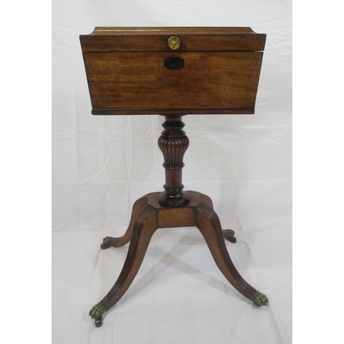 259 - Georgian inlaid mahogany teapoy with sarcophagus shaped lift-up lid, brass handle, 4 tea boxes with ... 