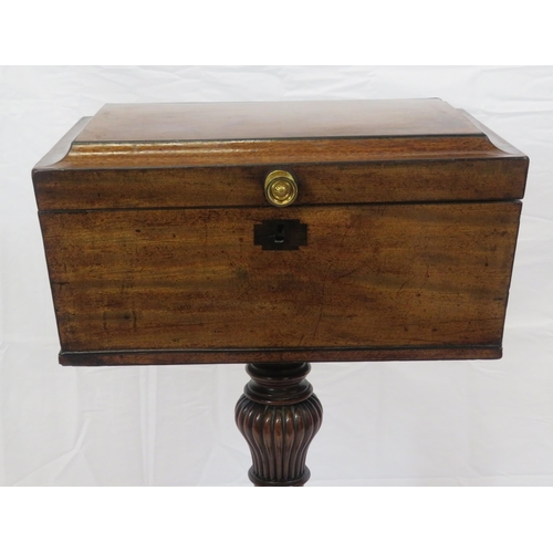 259 - Georgian inlaid mahogany teapoy with sarcophagus shaped lift-up lid, brass handle, 4 tea boxes with ... 