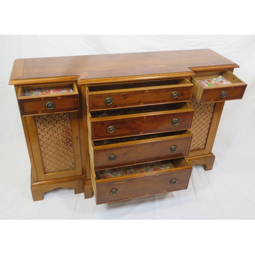 75 - Edwardian style crossbanded yew inlaid cabinet with 4 graduating drawers, 2 side drawers, presses wi... 