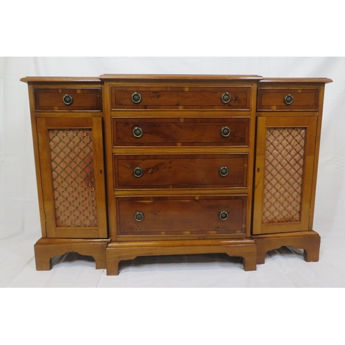 75 - Edwardian style crossbanded yew inlaid cabinet with 4 graduating drawers, 2 side drawers, presses wi... 