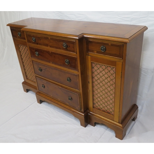 75 - Edwardian style crossbanded yew inlaid cabinet with 4 graduating drawers, 2 side drawers, presses wi... 