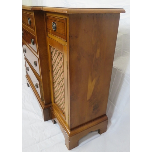 75 - Edwardian style crossbanded yew inlaid cabinet with 4 graduating drawers, 2 side drawers, presses wi... 