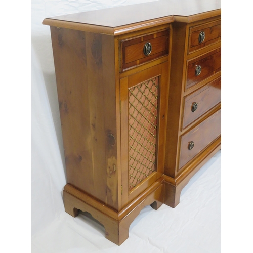 75 - Edwardian style crossbanded yew inlaid cabinet with 4 graduating drawers, 2 side drawers, presses wi... 