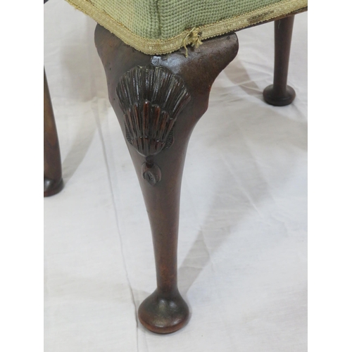 83 - Georgian style mahogany stool with foliate upholstery, shell knuckles & pad feet