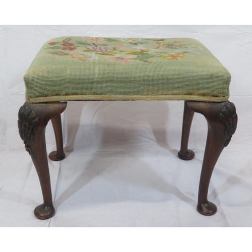 83 - Georgian style mahogany stool with foliate upholstery, shell knuckles & pad feet