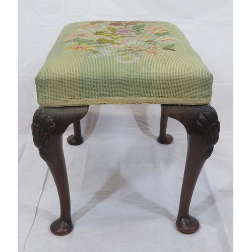 83 - Georgian style mahogany stool with foliate upholstery, shell knuckles & pad feet