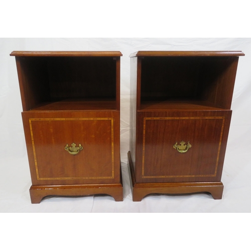 86 - Pair of Edwardian design inlaid bedside cabinets with drop handles, presses under, on bracket feet