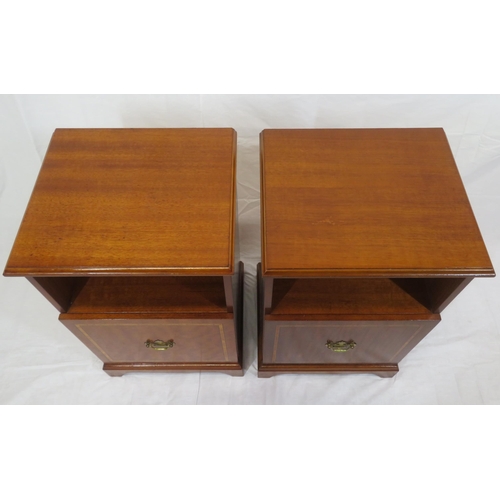 86 - Pair of Edwardian design inlaid bedside cabinets with drop handles, presses under, on bracket feet