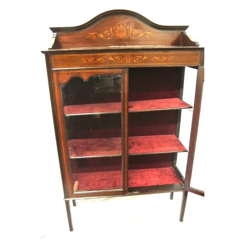 95 - Edwardian inlaid mahogany display cabinet with shaped back, glazed doors, shelved interior, on squar... 