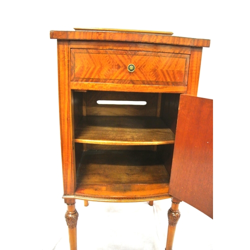 96 - Edwardian mahogany bow fronted locker with frieze drawer, shelved press under, drop handle, on turne... 