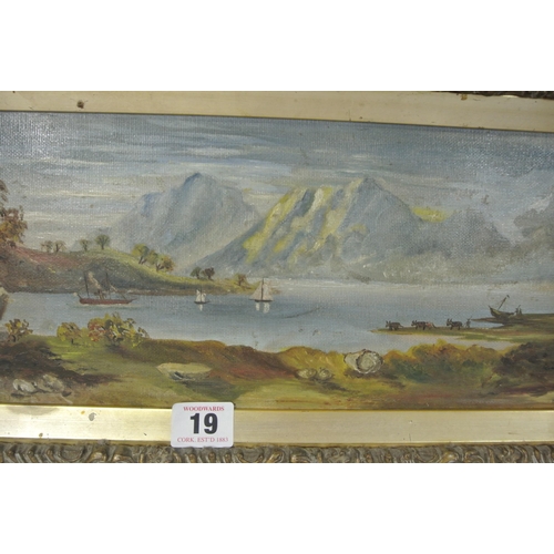 19 - Victorian school 'Riverscape with boats' oil on board 14x38cm signed