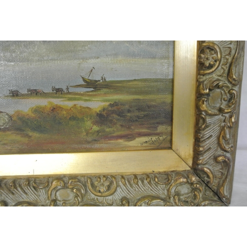 19 - Victorian school 'Riverscape with boats' oil on board 14x38cm signed