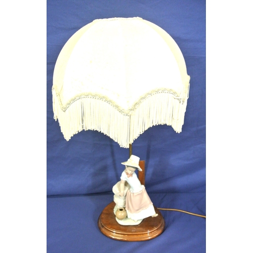 256 - Lladro style electric lamp with figure of a girl by a balustrade