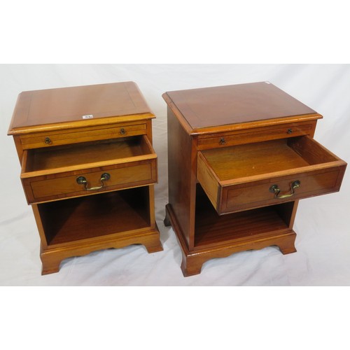 63 - Pair of Edwardian style inlaid yew lockers with pull-out shelves, frieze drawers with brass drop han... 