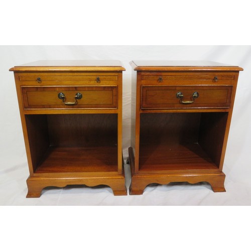 63 - Pair of Edwardian style inlaid yew lockers with pull-out shelves, frieze drawers with brass drop han... 