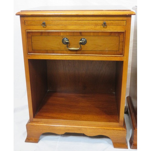 63 - Pair of Edwardian style inlaid yew lockers with pull-out shelves, frieze drawers with brass drop han... 