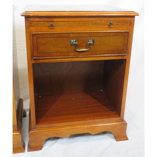 63 - Pair of Edwardian style inlaid yew lockers with pull-out shelves, frieze drawers with brass drop han... 