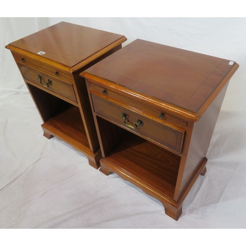 63 - Pair of Edwardian style inlaid yew lockers with pull-out shelves, frieze drawers with brass drop han... 