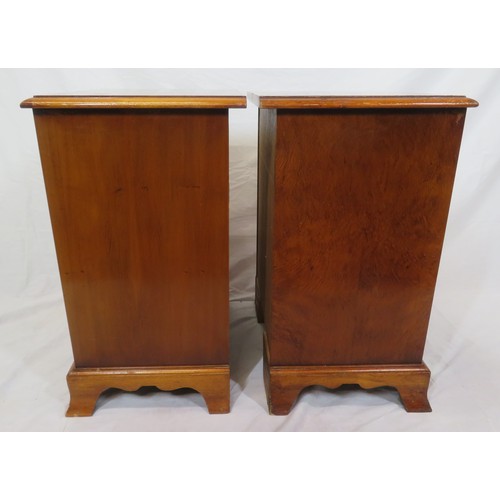 63 - Pair of Edwardian style inlaid yew lockers with pull-out shelves, frieze drawers with brass drop han... 