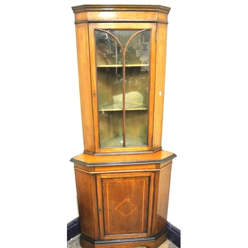 296 - Edwardian inlaid mahogany 2-tier corner display cabinet with glazed door, shelving, panelled door un... 