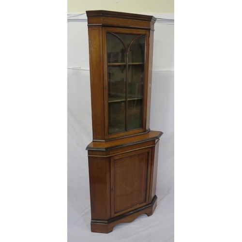 296 - Edwardian inlaid mahogany 2-tier corner display cabinet with glazed door, shelving, panelled door un... 