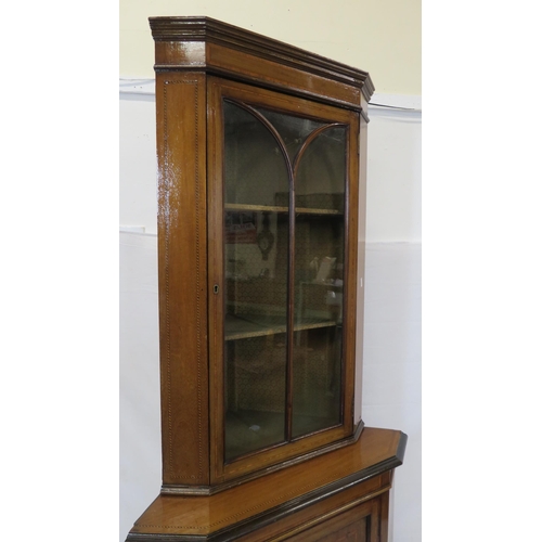 296 - Edwardian inlaid mahogany 2-tier corner display cabinet with glazed door, shelving, panelled door un... 