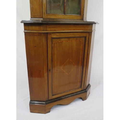 296 - Edwardian inlaid mahogany 2-tier corner display cabinet with glazed door, shelving, panelled door un... 