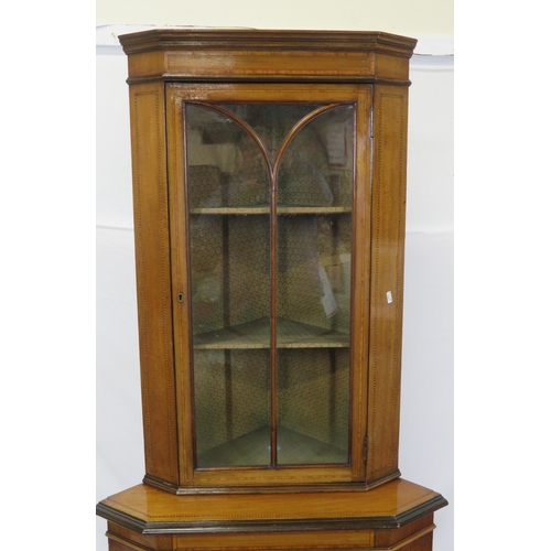 296 - Edwardian inlaid mahogany 2-tier corner display cabinet with glazed door, shelving, panelled door un... 