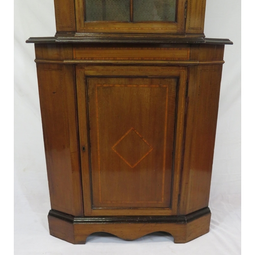 296 - Edwardian inlaid mahogany 2-tier corner display cabinet with glazed door, shelving, panelled door un... 