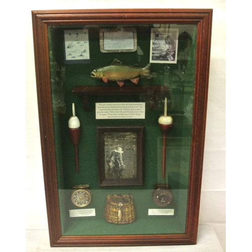 318 - Selection of fishing memorabilia in glazed case