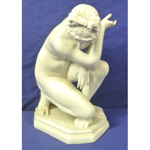 321 - Victorian style parian figure of a kneeling nude with vase, on shaped base