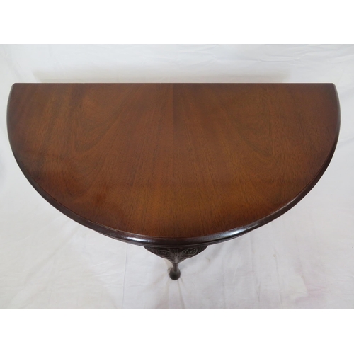 189 - Edwardian mahogany demi lune hall or side table with scroll knuckles, on cabriole legs with pad feet