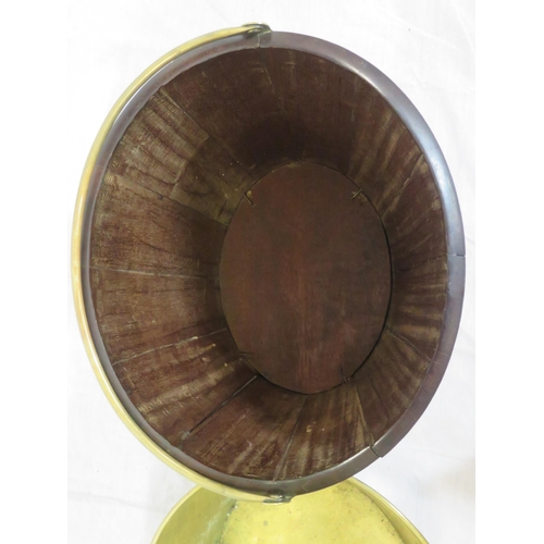 193 - Georgian mahogany oval peat bucket of tapering form with brass banding & handle, & brass bucket inse... 