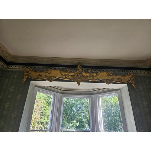 151 - Pair of long parcel gilt and timber pelmets with ornate scroll & foliate decoration & central medall... 