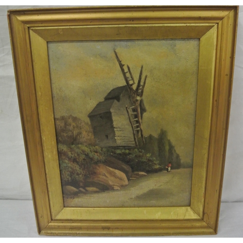 10 - Dutch school 'Windmill with figure' oil on board 28x21cm, initialled 'VMD'