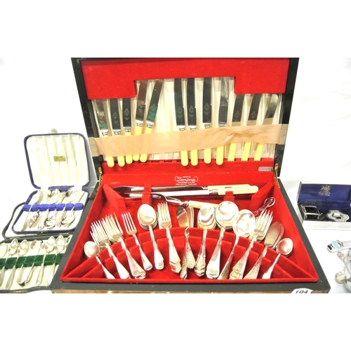 104 - Assorted lot of cutlery, canteen, vase, shaving kit, etc., in box