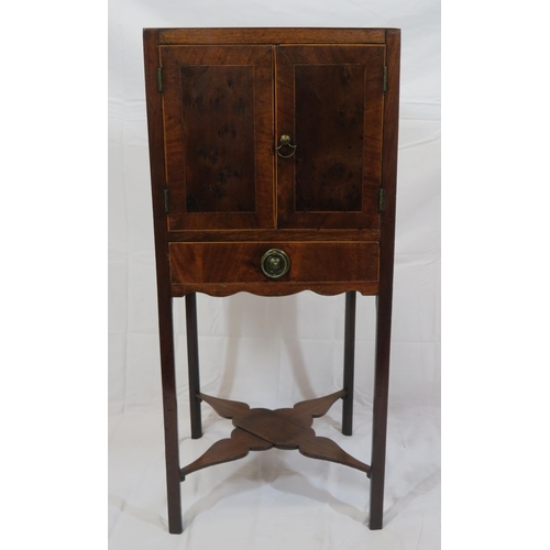 106 - Edwardian mahogany locker with frieze drawer, drop handles, on square legs with stretchers