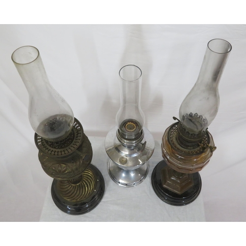 117 - 3 vintage table oil lamps with round bases & shaped glass chimneys