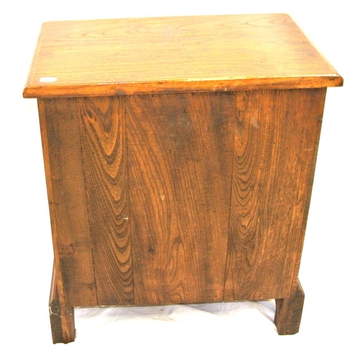 129 - Small oak chest of two short & three long drawers with drop handles, & bracket feet