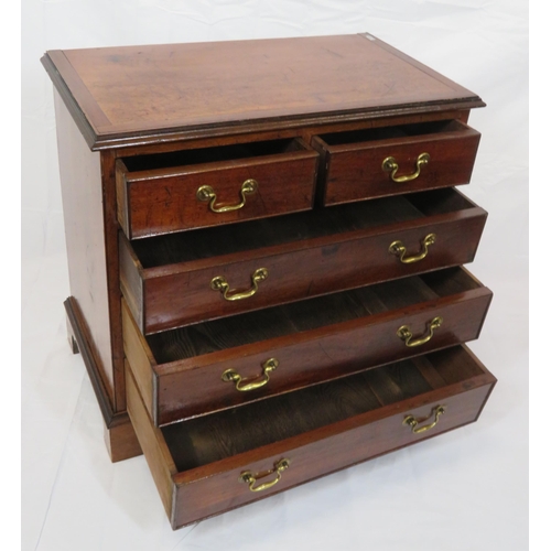 145 - Edwardian inlaid mahogany small chest of two short & three long with drop handles, on bracket feet