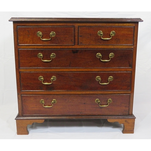 145 - Edwardian inlaid mahogany small chest of two short & three long with drop handles, on bracket feet