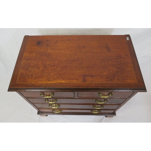 145 - Edwardian inlaid mahogany small chest of two short & three long with drop handles, on bracket feet