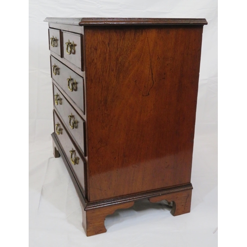 145 - Edwardian inlaid mahogany small chest of two short & three long with drop handles, on bracket feet