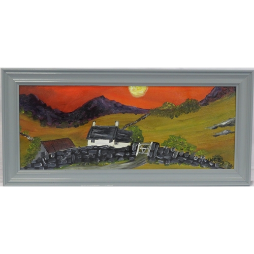 15 - Irish school 'Cottage scene with sunset' oil on board 19x50cm