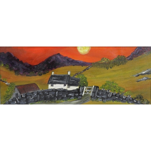 15 - Irish school 'Cottage scene with sunset' oil on board 19x50cm