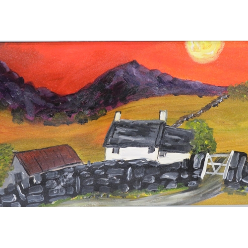 15 - Irish school 'Cottage scene with sunset' oil on board 19x50cm