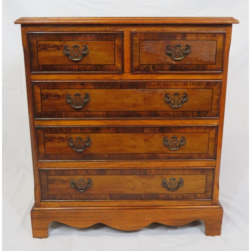 165 - Edwardian design inlaid yew small chest of two short & three long drawers with drop handles, on brac... 