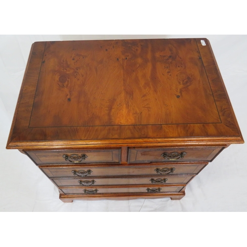 165 - Edwardian design inlaid yew small chest of two short & three long drawers with drop handles, on brac... 