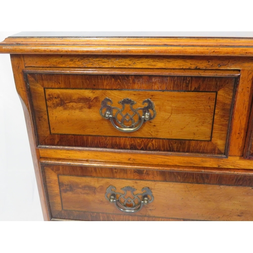 165 - Edwardian design inlaid yew small chest of two short & three long drawers with drop handles, on brac... 